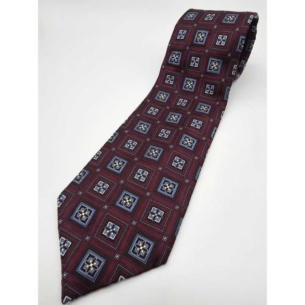 VTG Joseph A Bank USA Handmade Silk Tie Burgundy Geometric Jacquard 3.75
